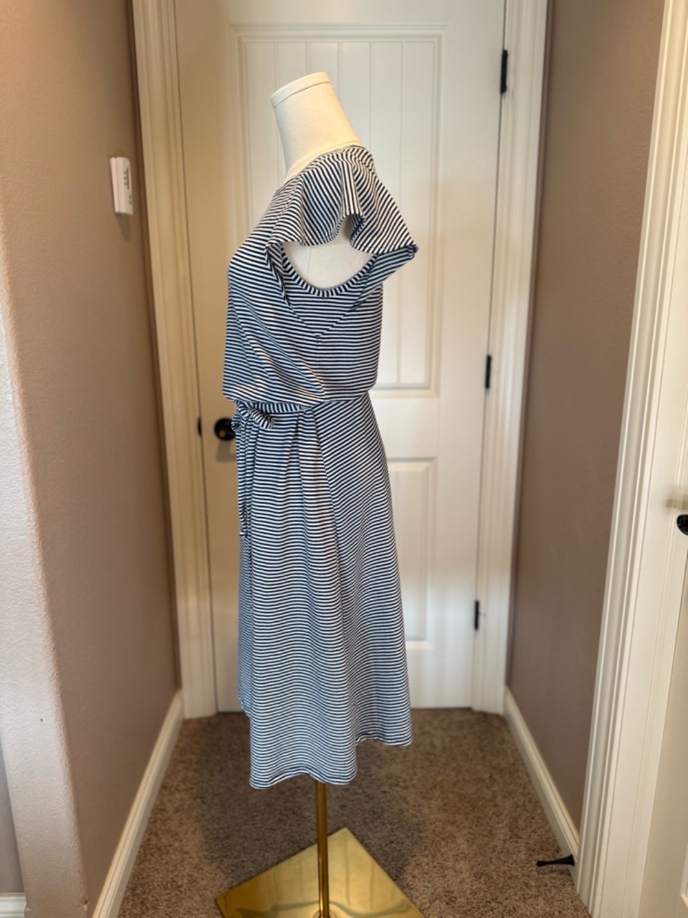 GAP Flutter Sleeve Midi Dress in a navy blue and white stripe - Picture 4 of 6
